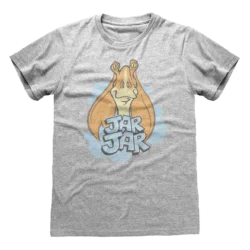 Grå T-shirt med en tegneseriestil illustration af Jar Jar Binks og teksten "Jar Jar" i en blå skybaggrund.