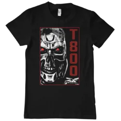 Sort T-shirt med T800 terminatoren trykt på brystet