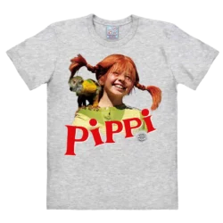 Grå Pippi Langstrømpe T-shirt med Pippi og Hr. Nelson trykt på brystet