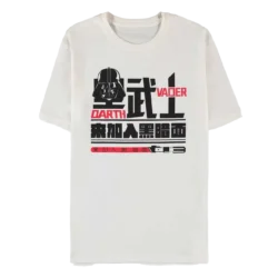 Hvid T-shirt med Darth Vaders hjelm, japanske kanji-tegn og teksten "Darth Vader" i sort og rød grafisk stil.