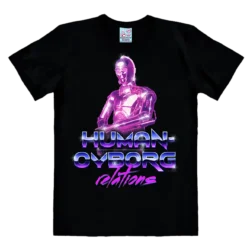 Sort T-shirt med et neon-inspireret motiv af C-3PO og teksten "HUMAN-CYBORG relations" i blå og pink skrift.