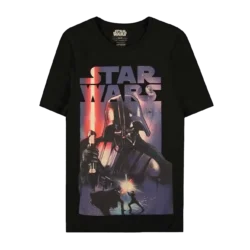 Sort T-shirt med en dramatisk illustration af Darth Vader og Luke Skywalker i duel med lyssværd, samt Star Wars-logoet i baggrunden.