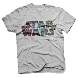 Grå T-shirt med et farverigt graffiti-inspireret Star Wars-logo med dryppende maling i blå, pink og gul.