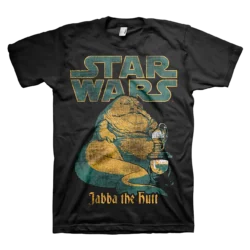 Sort T-shirt med en vintage-inspireret illustration af Jabba the Hutt, Star Wars-logoet i guldfinish og teksten "Jabba the Hutt".