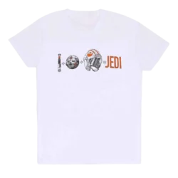 Hvid T-shirt med en formel-lignende illustration: et lyssværd, en træningsbold og en X-Wing hjelm, som tilsammen bliver til "JEDI".