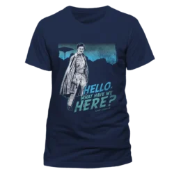 Navyblå T-shirt med et stiliseret billede af Lando Calrissian og teksten "Hello, what have we here?".