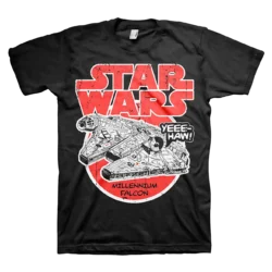 Sort T-shirt med en retro-stil illustration af Millennium Falcon, Star Wars-logoet i rød og teksten "Yee-Haw!".