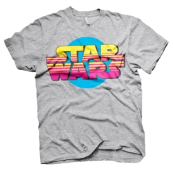 Grå T-shirt med et retro Star Wars-logo i gul, pink og rød, med en blå cirkel bagved.