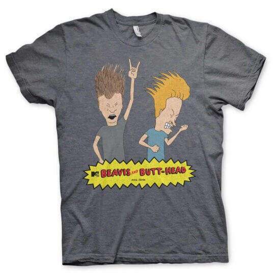Grå t-shirt med Beavis og Butt-Head, der headbanger, fra MTV's ikoniske show