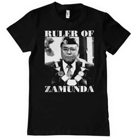 T-shirt med billede af Zamundas hersker iført en kongekrone og regalier. Tekst: "RULER OF ZAMUNDA".