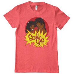 Rød T-shirt med billede af to personer og teksten "Soul Glo" i en eksplosiv gul skrift.