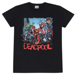 Sort t-shirt med Deadpool klædt som forskellige Avengers karakterer i et tegneseriestil design