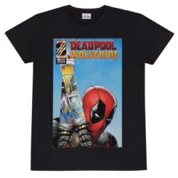 Sort t-shirt med Deadpool, der holder et sværd, som reflekterer Wolverines ansigt