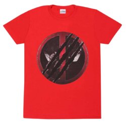 Rød t-shirt med et ridset Deadpool logo med Wolverine klomærker