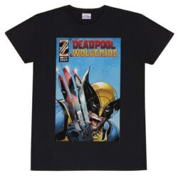 Sort t-shirt med Wolverine, der holder kløer, som reflekterer Deadpools ansigt