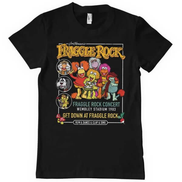 T-shirt med Fraggle Rock karakterer og koncertplakat fra Wembley Stadion 1983