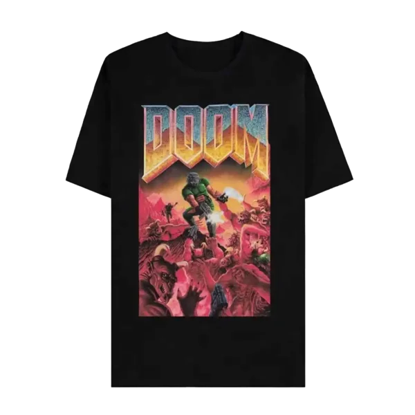 Sort Doom T-shirt med det klassiske boxart trykt på brystet