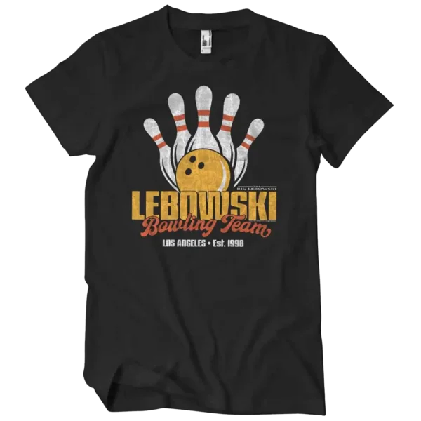 Sort big lebowski t-shirt med kegler og bowlingkugle og ordene lebowski team