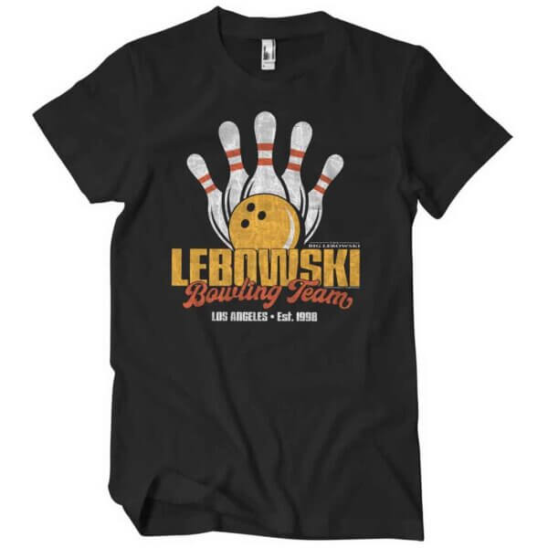 Sort big lebowski t-shirt med kegler og bowlingkugle og ordene lebowski team