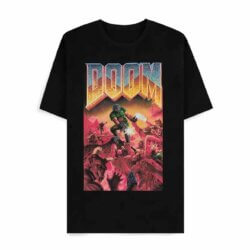 Sort Doom T-shirt med det klassiske boxart trykt på brystet