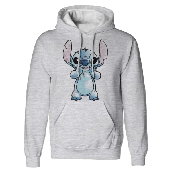 Grå hoodie med en illustration af Stitch fra Lilo & Stitch, hvor han laver en sjov grimasse.