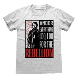 Grå T-shirt med et motiv af Cassian Andor og teksten "Everything I do, I do for the Rebellion" i sort og rød.