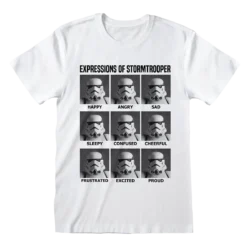 Hvid T-shirt med ni billeder af en Stormtrooper-maske, hver med forskellige følelsesbetegnelser som "Happy", "Angry" og "Sad".