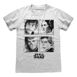 Grå T-shirt med fire sort-hvide portrætter af Luke Skywalker, Prinsesse Leia, Han Solo og Chewbacca, med Star Wars-logoet nedenunder.