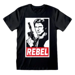 Sort T-shirt med et stiliseret sort-hvidt billede af Han Solo, der holder sin blaster, og teksten "REBEL" i rødt nedenunder