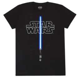 Sort T-shirt med Star Wars-logoet og et blåt lyssværd, der skærer ned gennem midten.