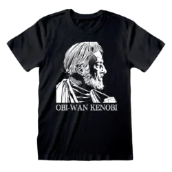 Sort T-shirt med en stilfuld hvid skitse af Obi-Wan Kenobi i profil og hans navn skrevet nedenunder