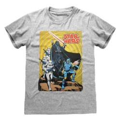 Grå T-shirt med et retro-tegneseriemotiv af Darth Vader, Stormtroopers og Boba Fett i kamp, med Star Wars-logoet øverst.